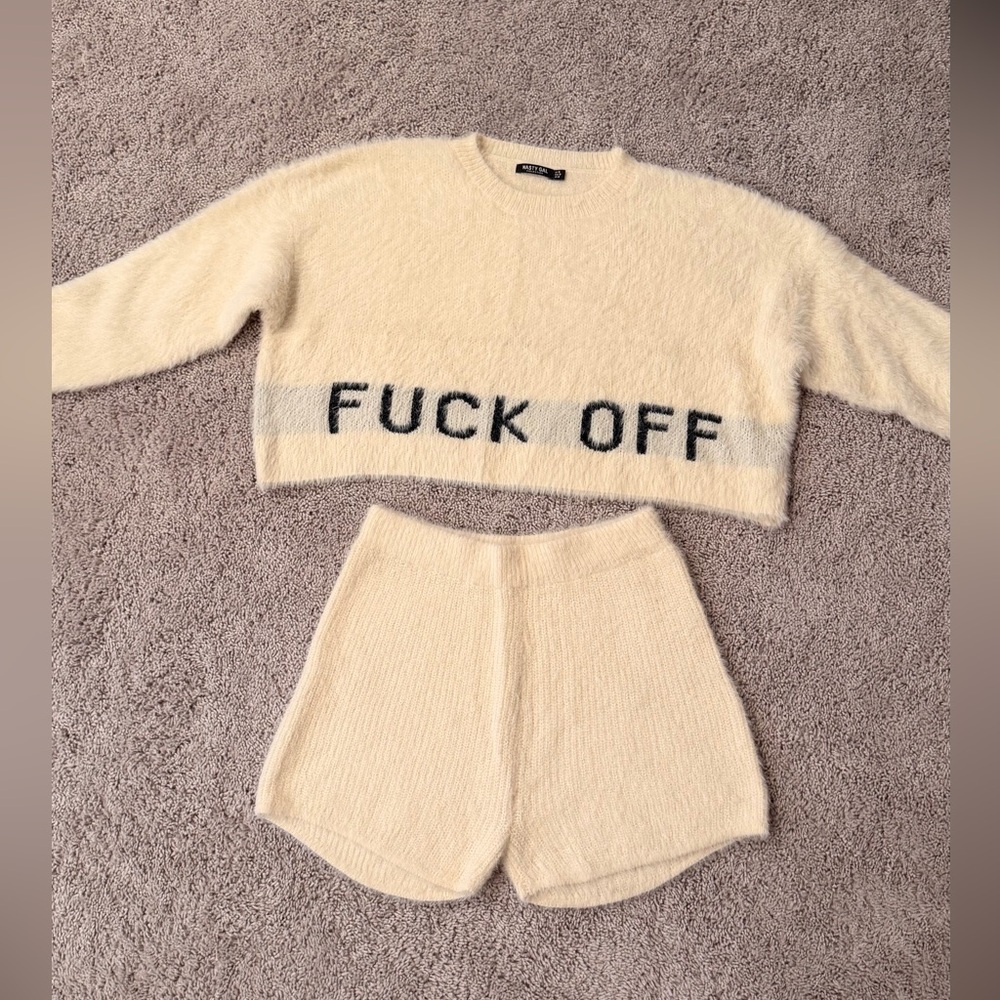 Nasty Gal Cream Fuzzy Crop Sweater & Shorts Set with Bold Text